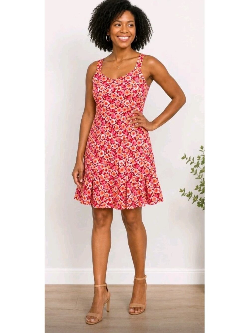 Loft Floral Sundress Kick Pleat Hem Casual Summer Party Stretch Size 10 Red